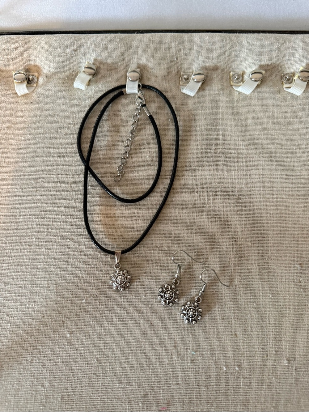 Spanish Jewelry Silver Floral Pendant Necklace and Earrings Set in Black Cord